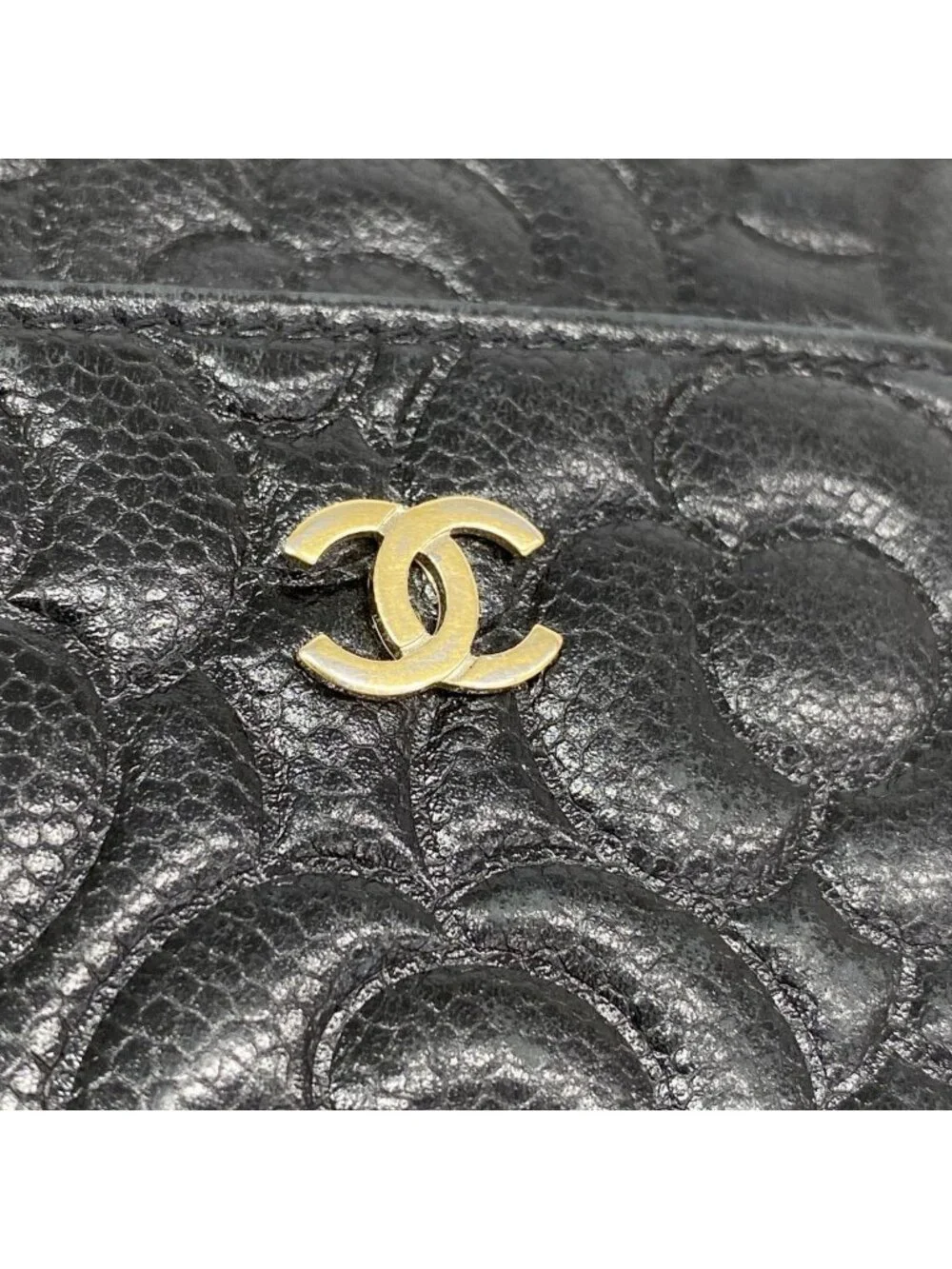 Chanel Wallet Camellia Caviar Leather Black Champagne Gold